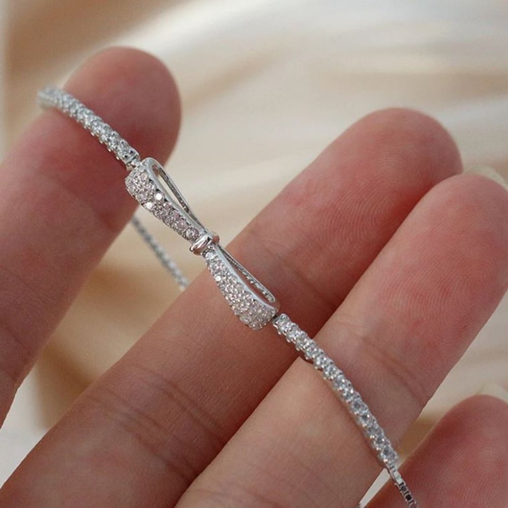 Silver Dainty Crystal Diamond Bow Tennis Bracelet